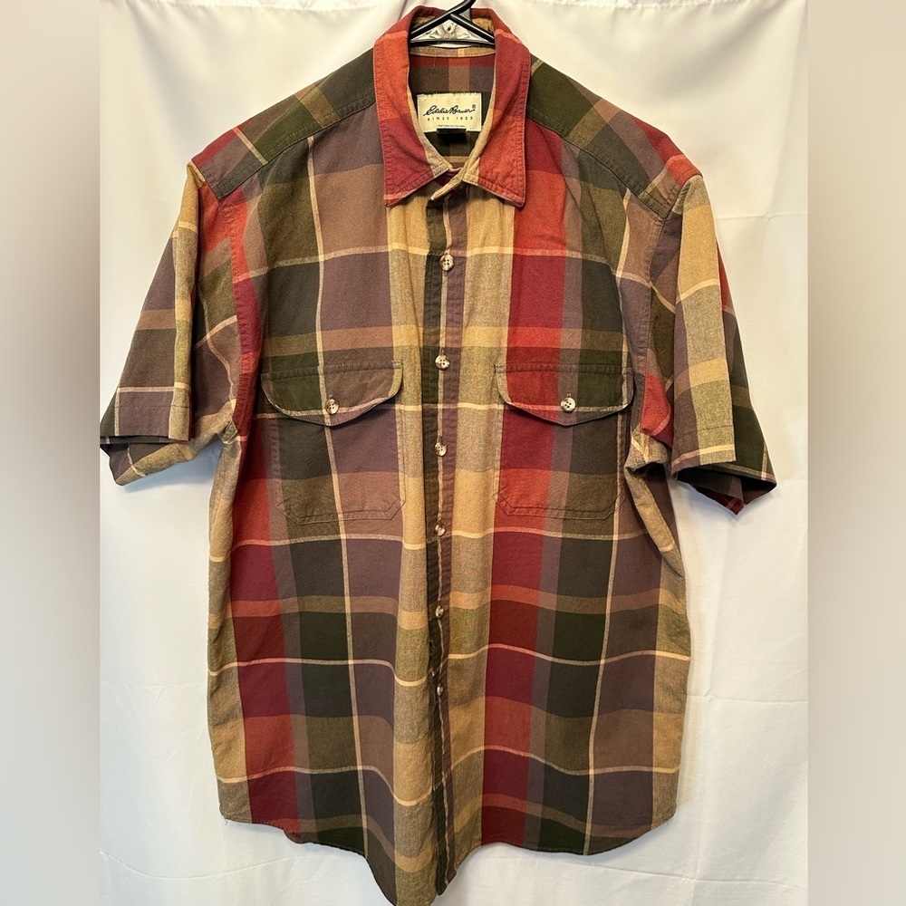 Vintage Eddie Bauer Medium Tall Ultralong Elkhorn Canvas Shirt‎ Rust Beige Plaid